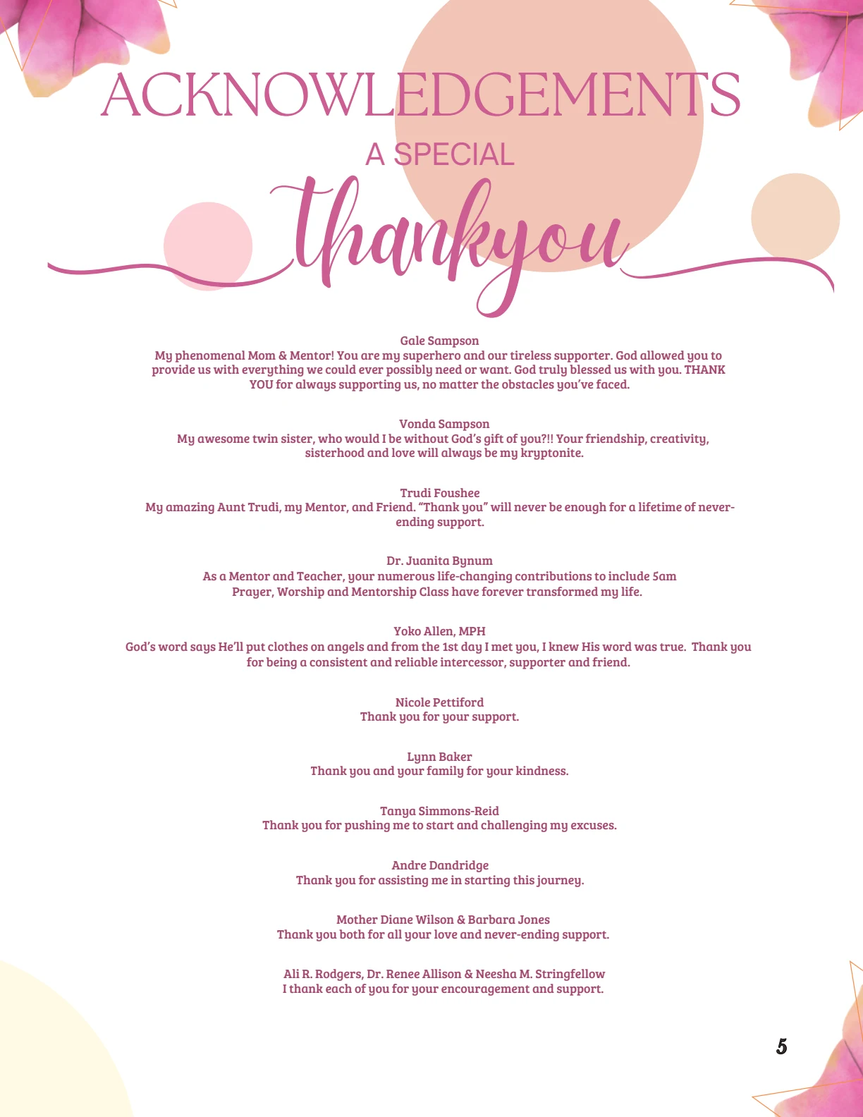 Page 5: Acknowledgements and special thank you messages